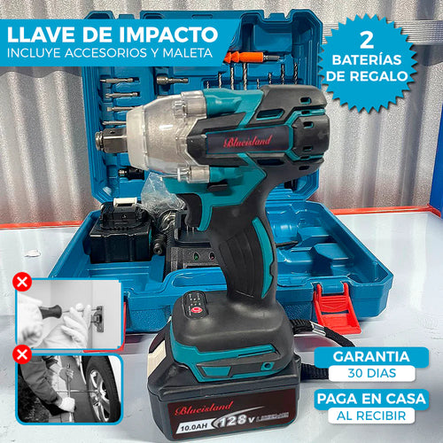 LLAVE DE IMPACTO MALETA CON ACCESORIOS + 2 BATERÍAS 128V